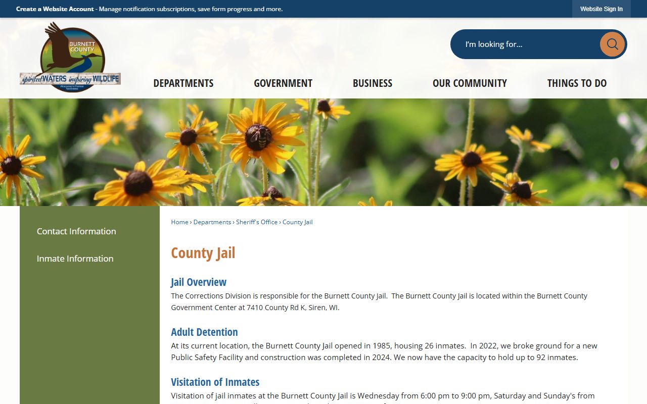 Burnett County Jail page for inmate population capacity