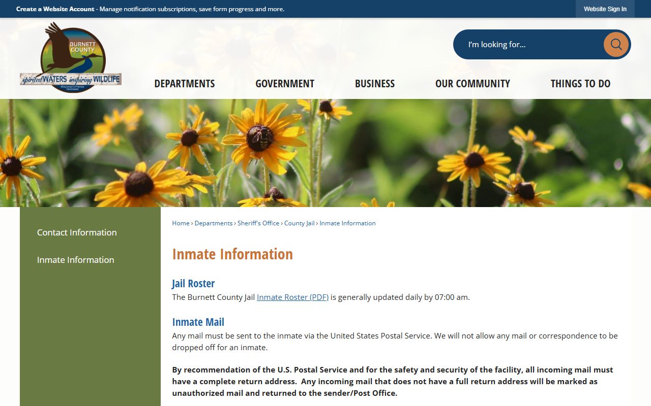Burnett County Inmate Information page for jail roster search